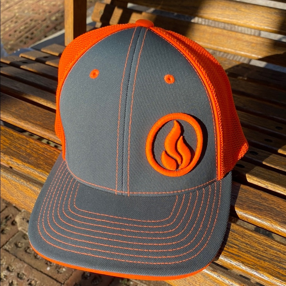 Gray and Orange Flame Logo Cap pacific headwear S/M fitted mesh back hat 6 panel